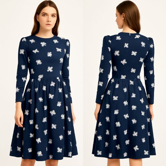 Vintage Dress Romantic Dark Feminine Preppy Chic Cottage Core Bows Blue Modest 4 - Picture 1 of 7